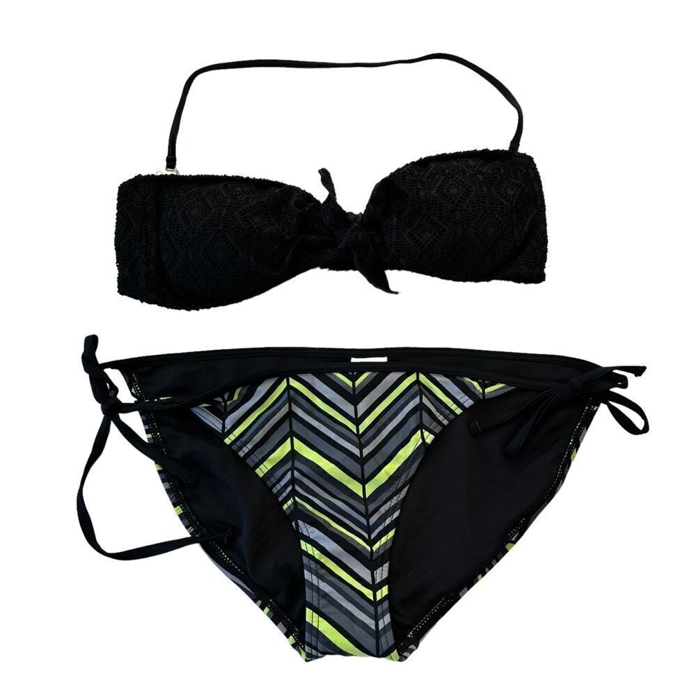 Mossimo Black and‎ Green Y2K Crochet 2 Piece Bikini, Large